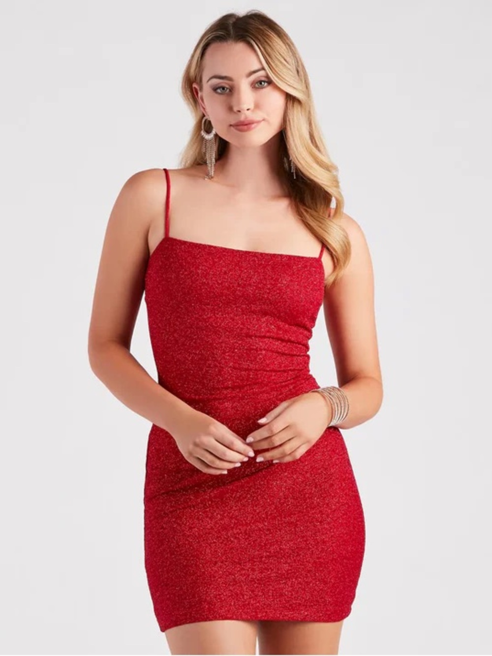 Windsor Red Sparkle Bodycon Mini Dress with Spaghetti Straps
